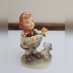 Vintage Napcoware Girl Dog‎ Flower Basket Figurine #8795